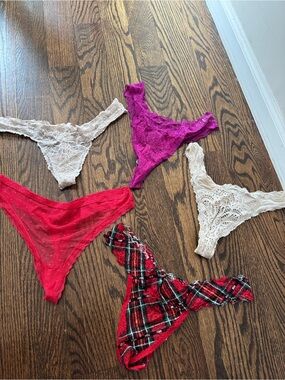 Victoria's Secret Lace & Plaid Thong Set - Red, Fuchsia & Cream